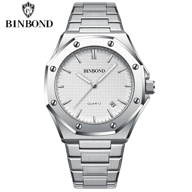BINBOND Mens Watch Top Brand Royal Casual Men Big Dial Silver Stainless Steel Calendar Quartz Wristwatch Classic Luminous B0233
