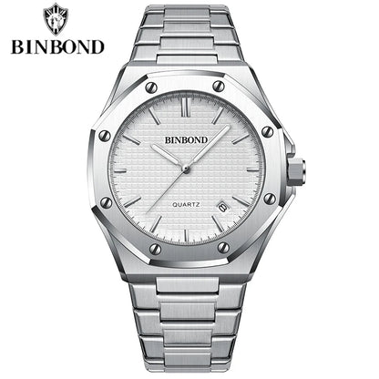 BINBOND Mens Watch Top Brand Royal Casual Men Big Dial Silver Stainless Steel Calendar Quartz Wristwatch Classic Luminous B0233