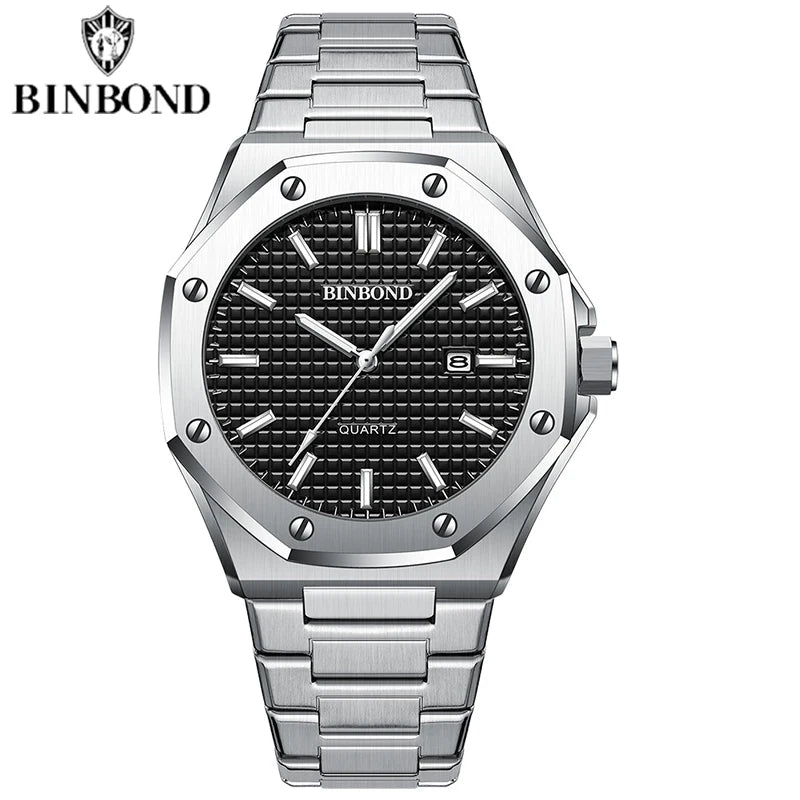 BINBOND Mens Watch Top Brand Royal Casual Men Big Dial Silver Stainless Steel Calendar Quartz Wristwatch Classic Luminous B0233