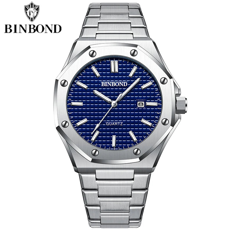 BINBOND Mens Watch Top Brand Royal Casual Men Big Dial Silver Stainless Steel Calendar Quartz Wristwatch Classic Luminous B0233