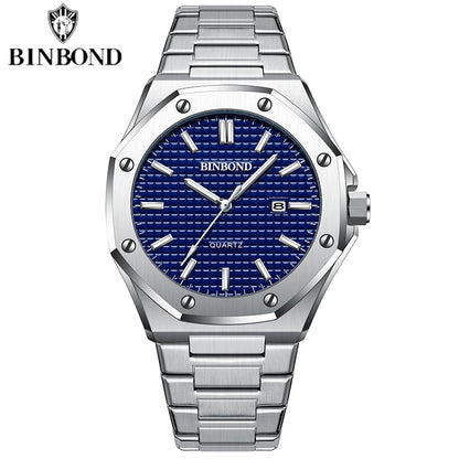 BINBOND Mens Watch Top Brand Royal Casual Men Big Dial Silver Stainless Steel Calendar Quartz Wristwatch Classic Luminous B0233