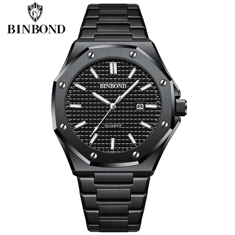 BINBOND Mens Watch Top Brand Royal Casual Men Big Dial Silver Stainless Steel Calendar Quartz Wristwatch Classic Luminous B0233