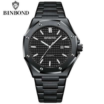 BINBOND Mens Watch Top Brand Royal Casual Men Big Dial Silver Stainless Steel Calendar Quartz Wristwatch Classic Luminous B0233